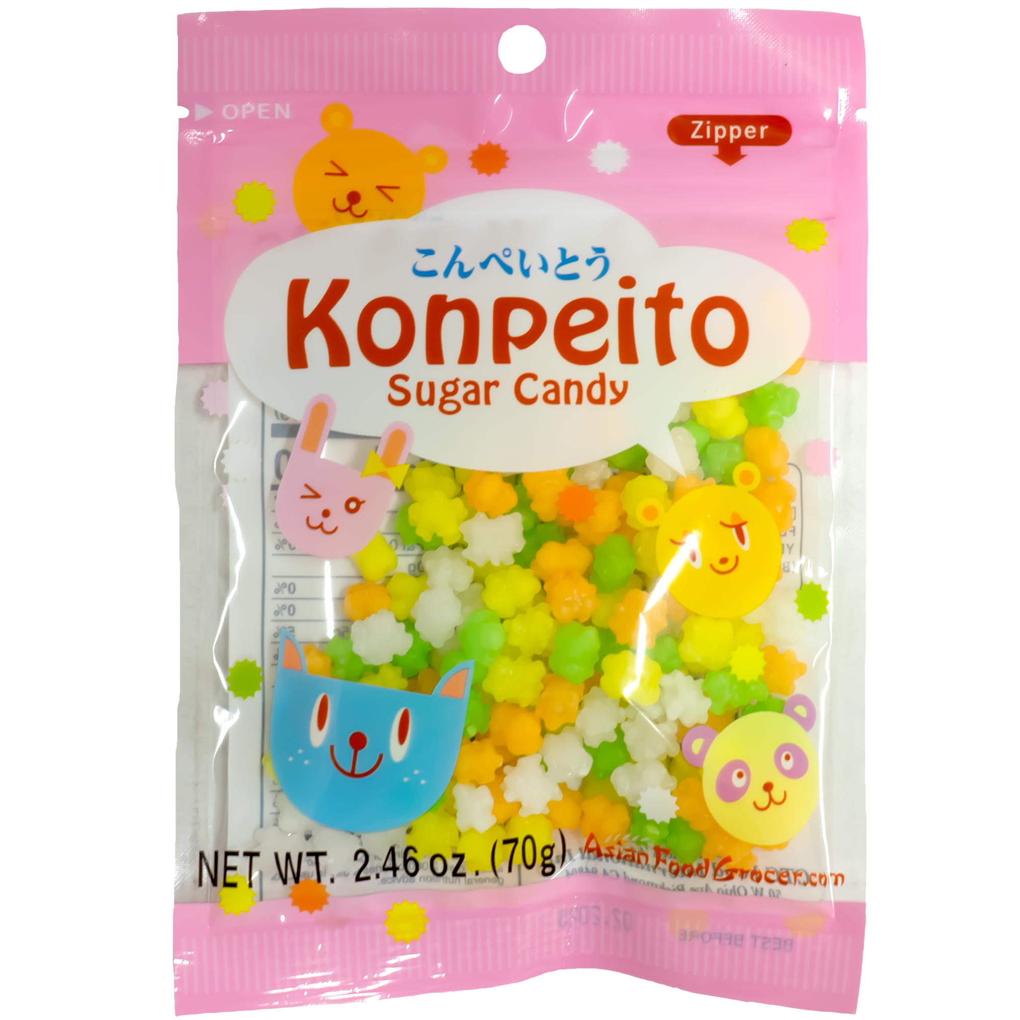 Package of Konpeito sugar candy with colorful cartoon animal designs.