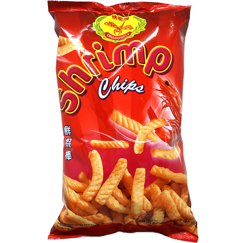 Front view of package. The packaging features a vibrant red background with enticing images of crispy shrimp chips, highlighting their appealing texture. The design includes a playful depiction of shrimp, emphasizing the rich seafood flavor inside. Bold, eye-catching text ensures that this snack stands out on the shelf, promising a delicious treat within.