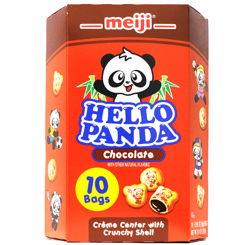 Front view of package. The package features a vibrant red background with playful illustrations of panda characters engaging in various activities. The front prominently displays images of the cookies, showcasing the creamy chocolate filling inside a crunchy shell. The overall design is fun and inviting, making it an appealing choice for snack lovers of all ages.