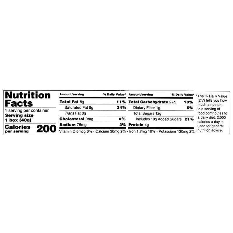 Nutrition label of the food product, listing detailed nutritional information per serving size of 1 box. It includes 200 calories, 8g total fat, 5g saturated fat, 0g trans fat, 0mg cholesterol, 75mg sodium, 27g total carbohydrate, 1g dietary fiber, 12g total sugars includes 10g added sugars, 4g protein