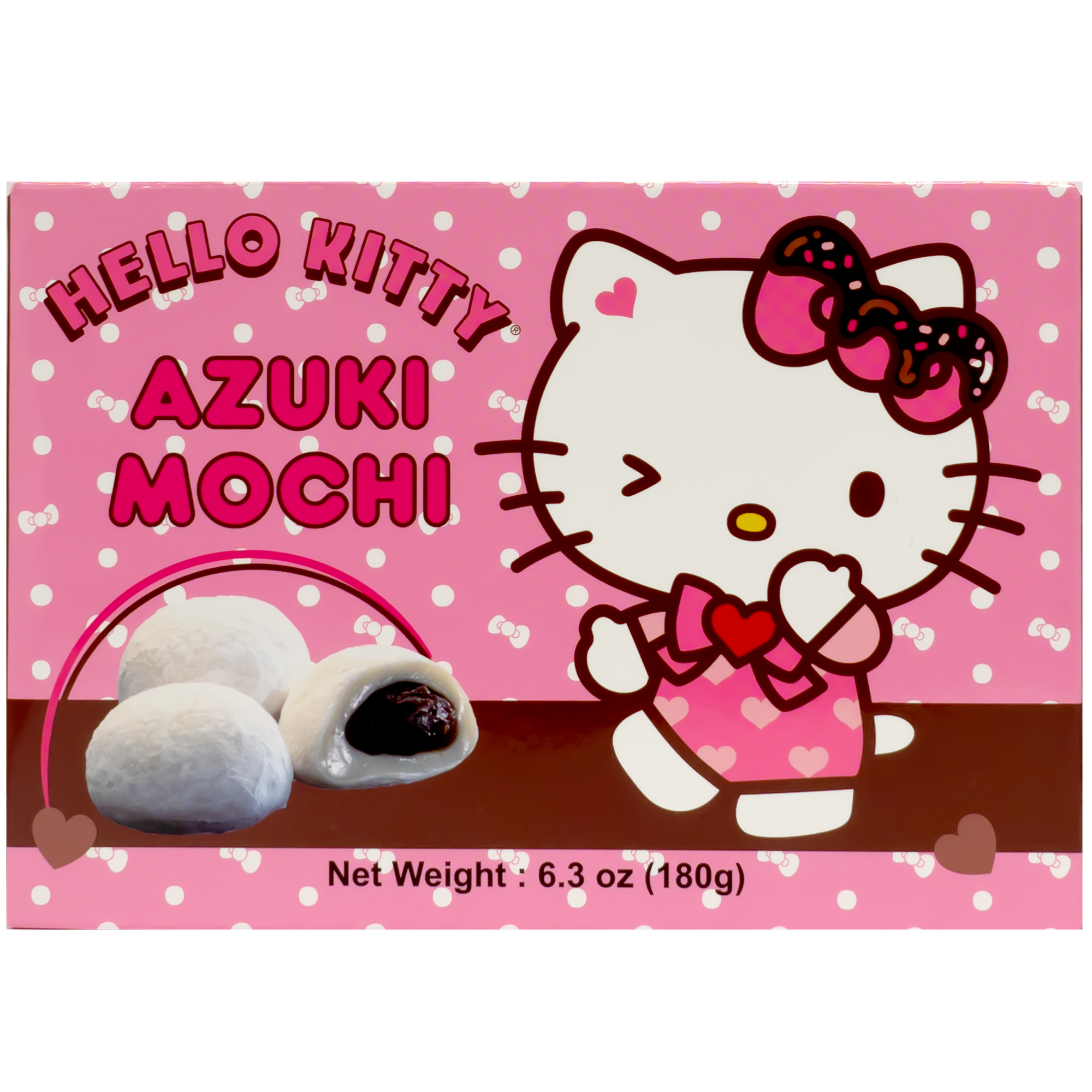 Front of package. The package features an adorable character with a playful expression, set against a vibrant pink background with polka dots. The front showcases an image of the mochi with its delectable red bean filling, giving a tempting preview of the delicious treat inside.