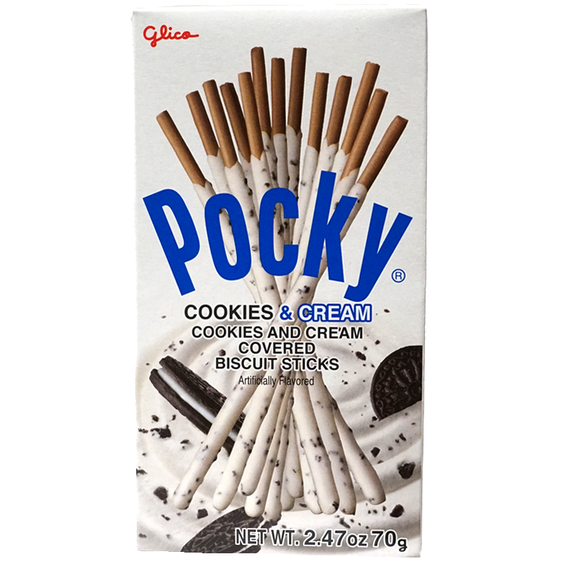 Front view of package. The packaging showcases an enticing display of the cookies cream-covered biscuit sticks, emphasizing their slender and elegant design. The background enhances the product's appeal with a modern and inviting aesthetic, making it ideal for enjoying as a snack or sharing with friends.