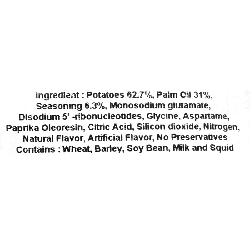 The ingredients include potatoes (62.7%), palm oil (31%), seasoning (6.3%), monosodium glutamate, disodium 5&#39;-ribonucleotides, glycine, aspartame, paprika oleoresin, citric acid, silicon dioxide, nitrogen, natural flavor, artificial flavor, and no preservatives. The product contains wheat, barley, soybeans, milk, and squid.