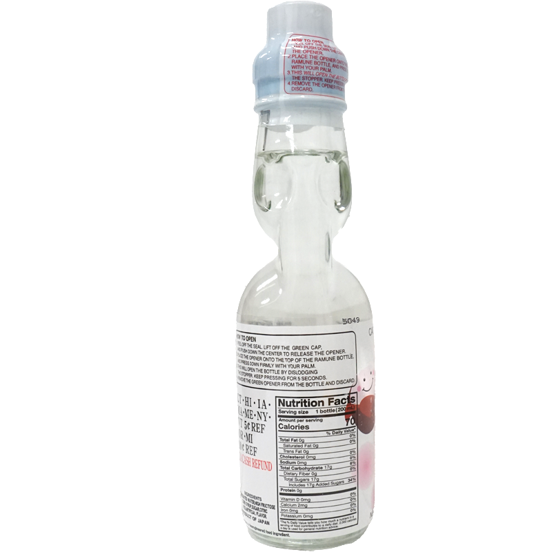 Clear plastic Ramune bottle with nutrition facts label and a security sealed cap.