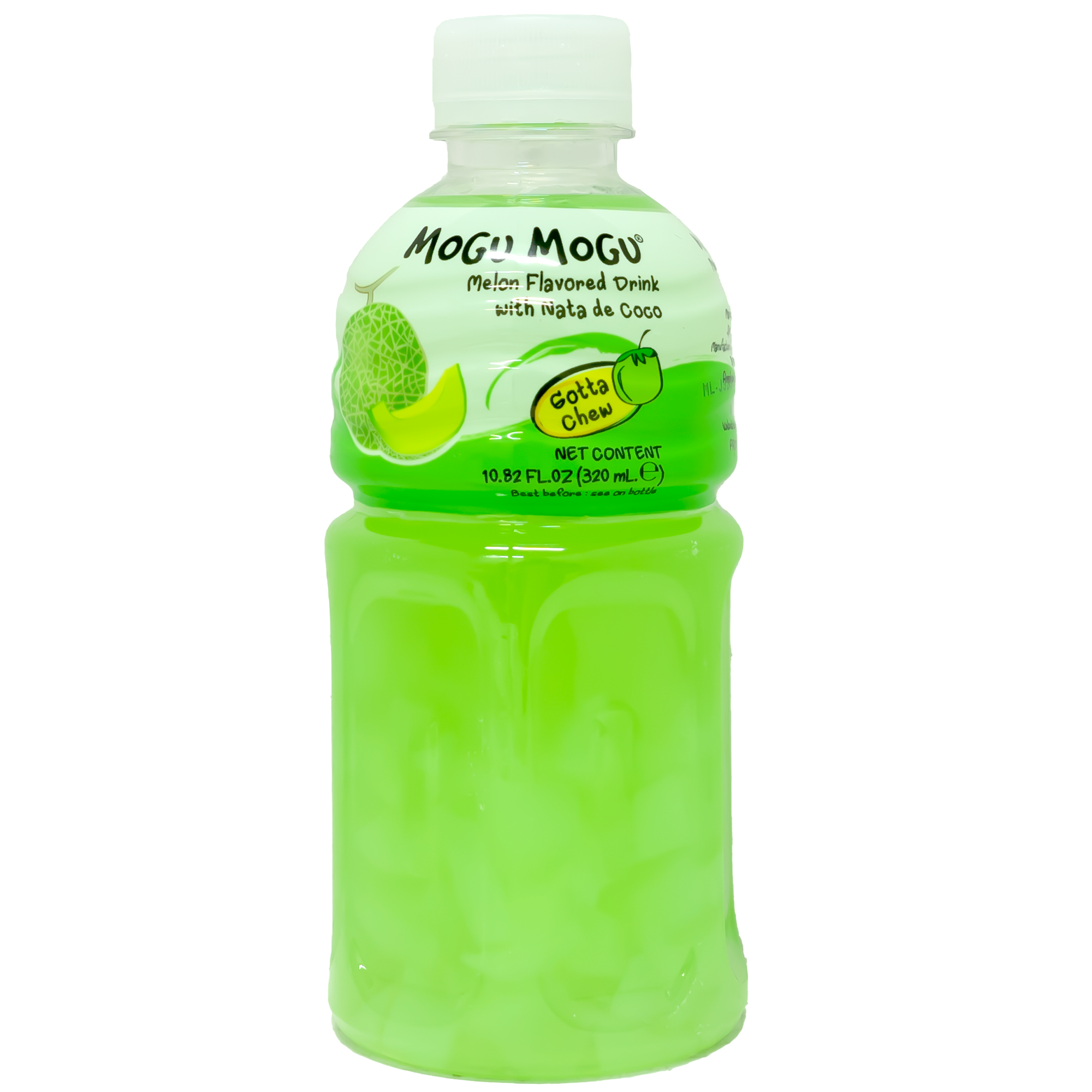 Front view of bottle. The packaging features a vibrant green color that matches the melon flavor of the drink inside. The label is adorned with an image of a ripe melon, highlighting the refreshing taste you can expect. The clear bottle allows you to see the bright, inviting green liquid, emphasizing the drink's fresh and fruity nature.