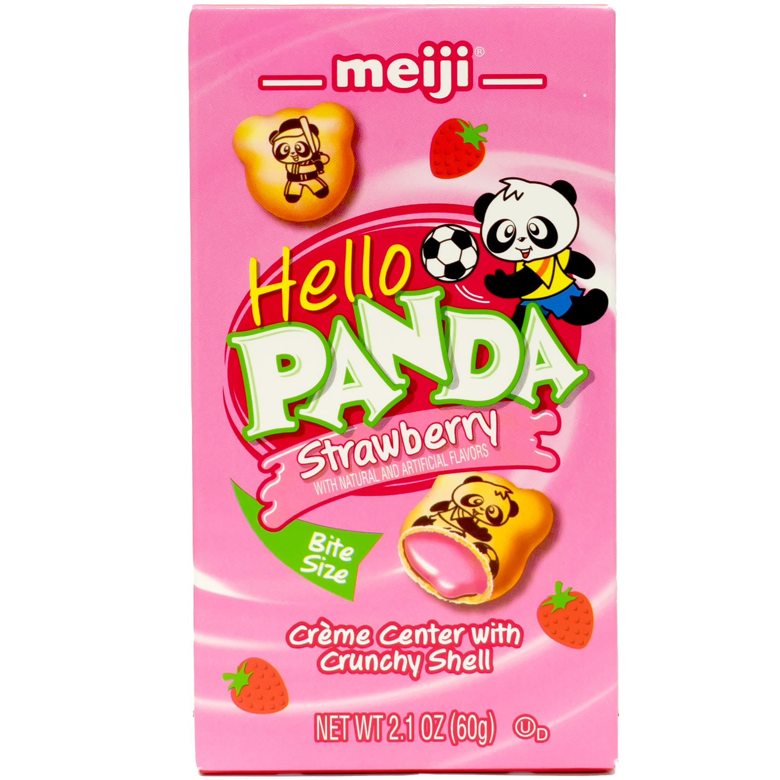 Front view of package. The package features a bright pink background with playful illustrations of pandas engaging in fun activities. The front prominently displays images of the cookies, showcasing the creamy strawberry filling inside the crunchy shell. The overall design is cheerful and inviting, making it an appealing choice for snack lovers of all ages.