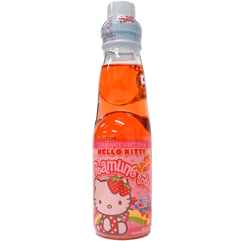 Front view of bottle. The packaging features a charming illustration of a popular character adorned with strawberries, set against a vibrant pink background. The whimsical design includes playful elements such as bubbles and a marble inside the bottle, adding an extra layer of fun to your drinking experience.