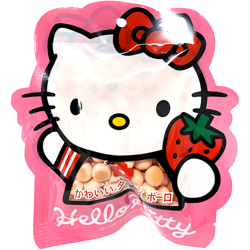 Front view of package. The package is designed in the shape of a beloved character&#39;s face, with a bright pink background and a cheerful expression. The character is adorned with a signature red bow and holds a cute strawberry, adding an extra touch of charm. The transparent window reveals the tasty cookies inside, making the package as delightful as the treat itself.