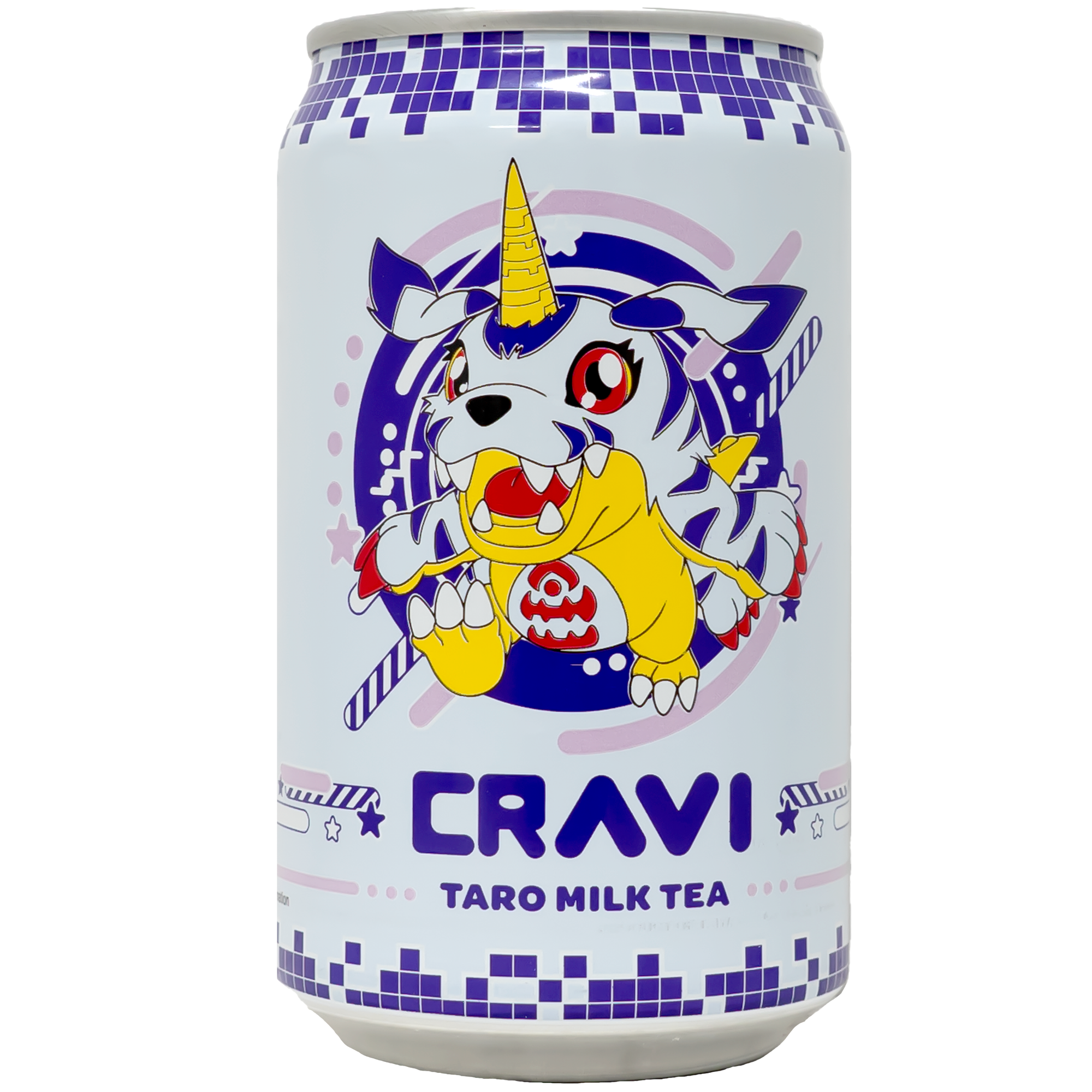 Front view of can. The can features a playful Digimon character, bringing a sense of fun and adventure to your drink experience. With a vibrant color palette and energetic design, this packaging is sure to catch your eye and bring a smile to your face.