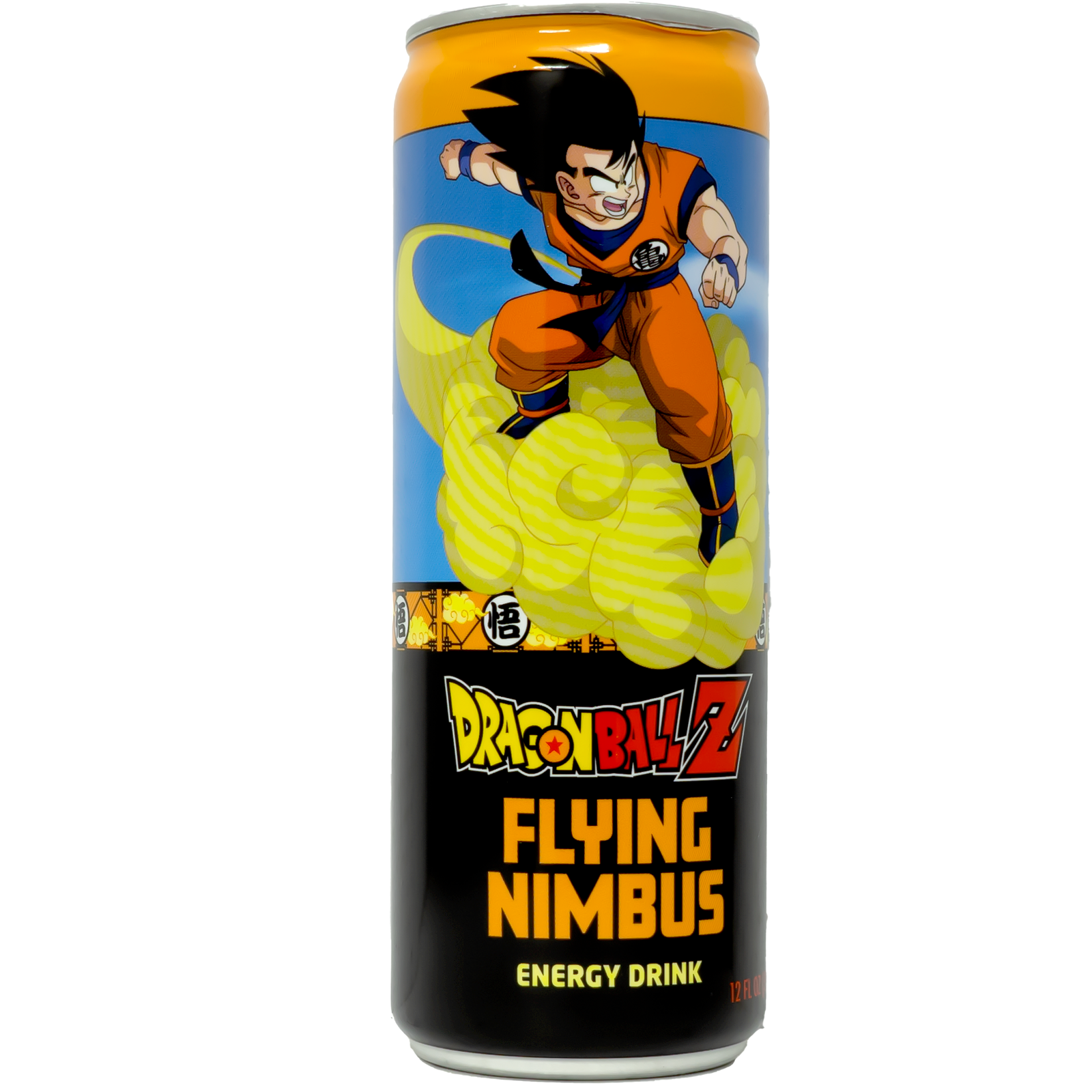 Front view of can. The can features a dynamic illustration of a powerful character soaring on a cloud, set against a bold and vibrant background. The energetic design perfectly captures the drink's spirited essence.