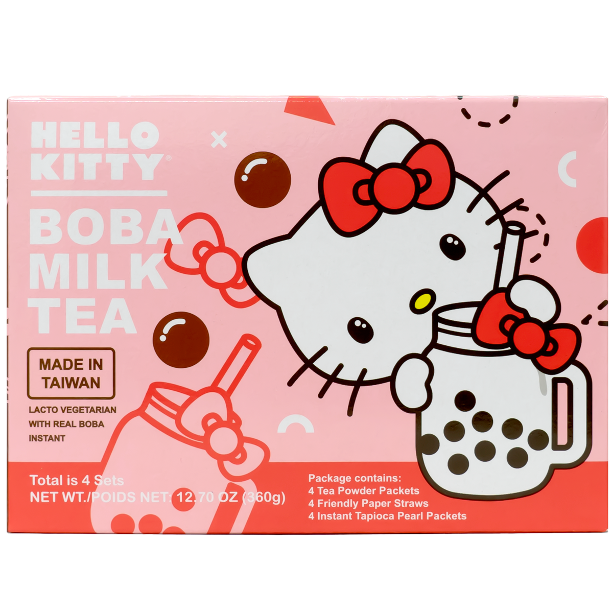 Front view of package. The packaging features an adorable character sipping on a boba drink, with vibrant pink and white colors that create an appealing and playful look. The design includes images of tapioca pearls and the tea itself, enhancing the visual appeal and giving a sense of the product inside. This fun and inviting packaging is sure to catch the eye of any boba tea lover.