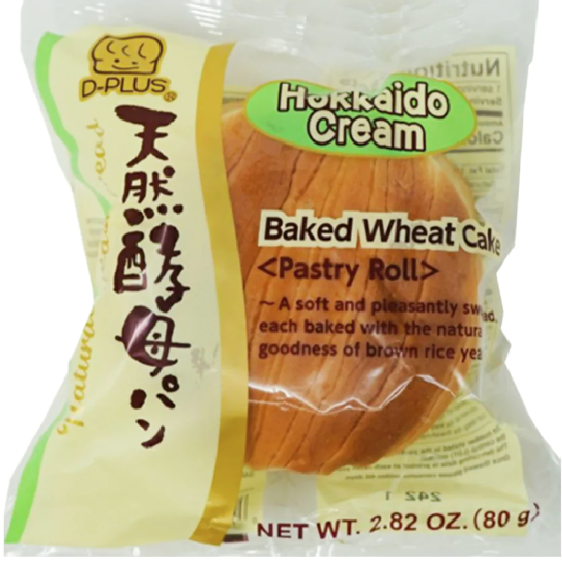 The packaging showcases the delectable baked wheat cake with a focus on its light, airy texture and creamy filling. With visual elements that highlight the richness of Hokkaido cream, the design exudes a sense of indulgence and high quality, making it an attractive choice for those looking for a premium snack option.