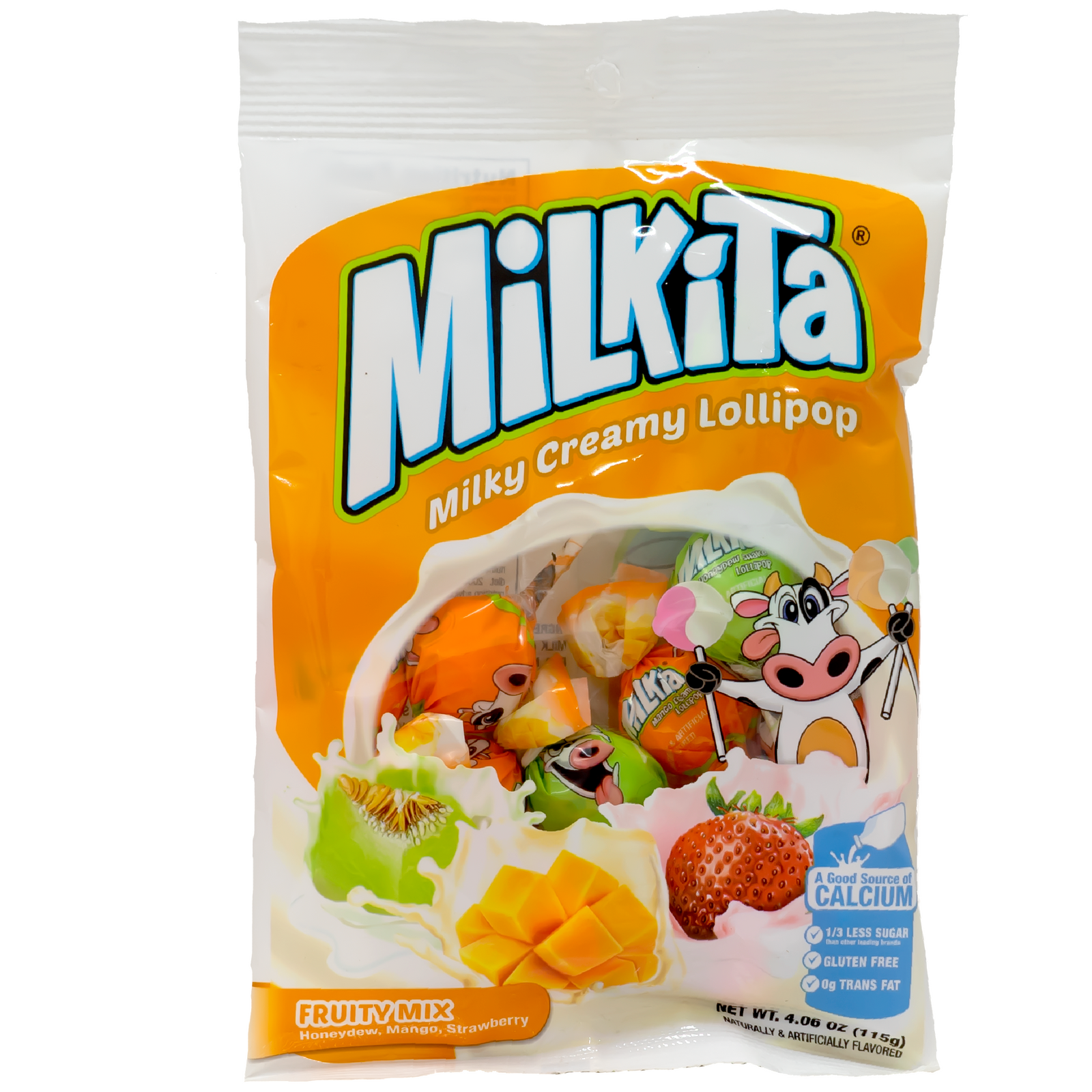 Front view of package. The packaging features a playful cow holding colorful lollipops against a backdrop of creamy white, surrounded by vibrant images of fresh honeydew, mango, and strawberry. The clear window at the front reveals the assortment of individually wrapped lollipops inside, enticing you with a glimpse of the delicious treats within. Icons highlight key benefits like being a good source of calcium, containing less sugar, being gluten-free, and having zero trans fat.