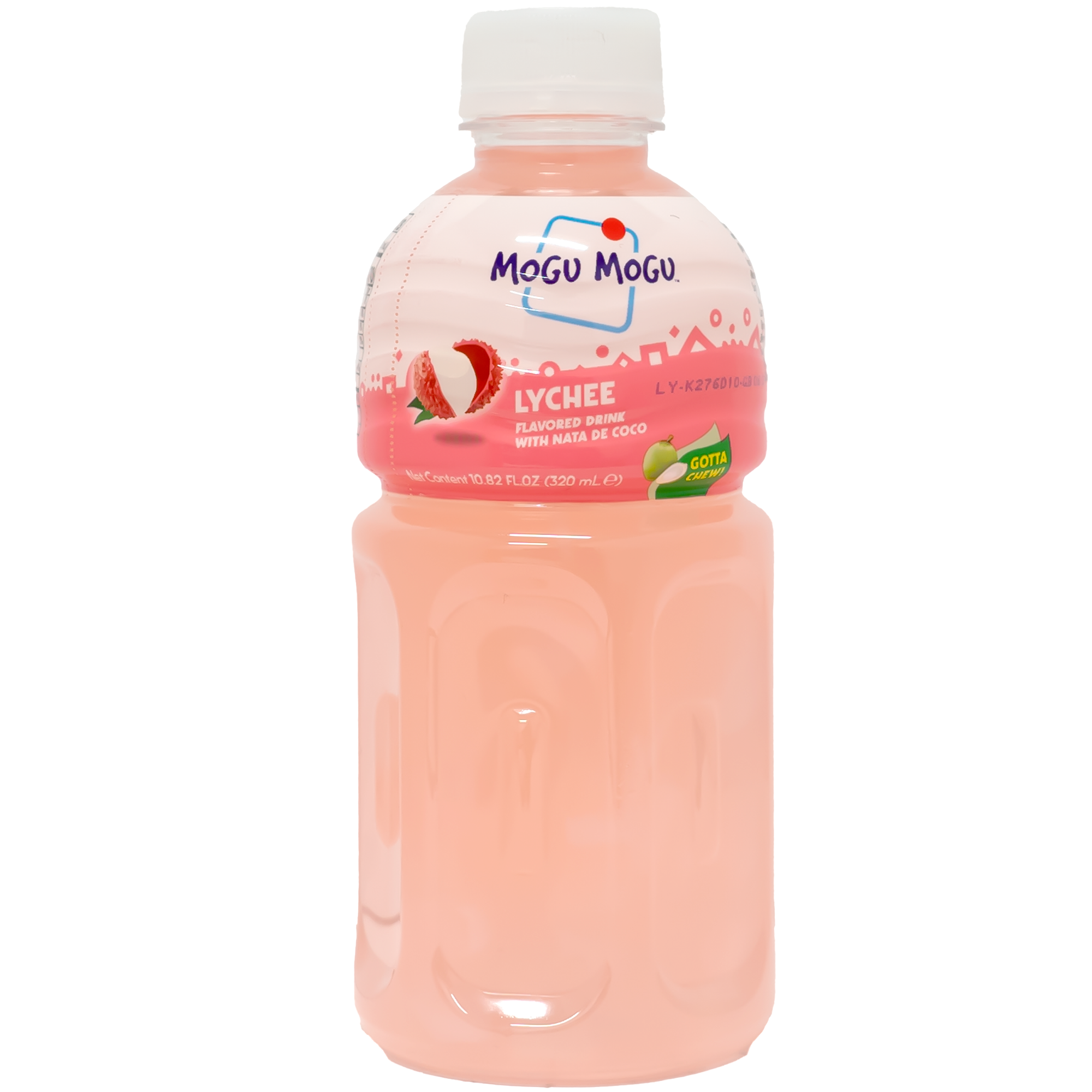 Front view of bottle. The bottle features a vibrant, pastel pink label with an inviting image of lychee and a slice of coconut jelly. The clear bottle showcases the appealing pink drink inside, ensuring it catches the eye. The label also includes easy-to-read text and a small green emblem indicating the presence of nata de coco.