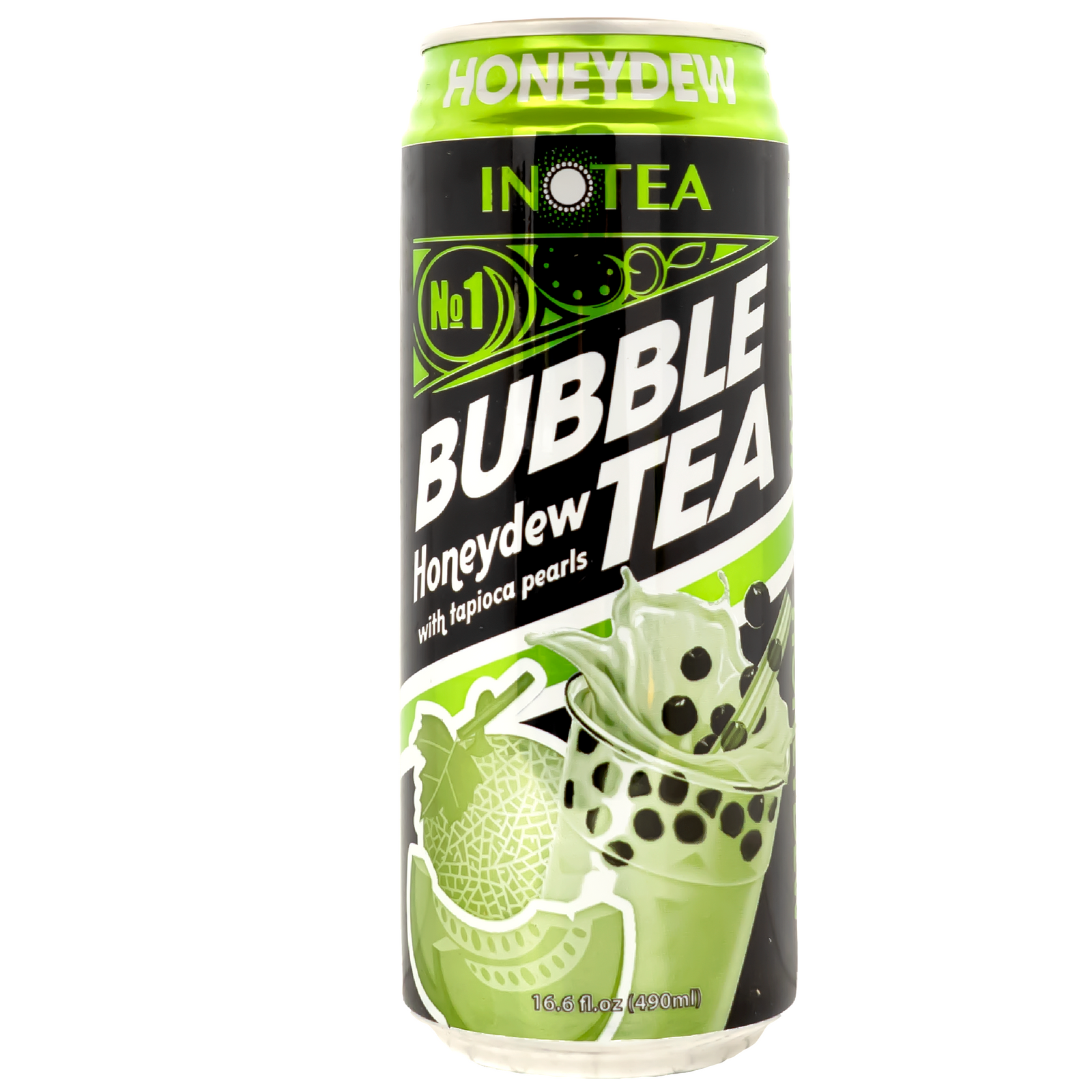 Front view of can. The can features a vibrant green design that showcases juicy honeydew melons and a cup of bubble tea filled with tapioca pearls. The eye-catching graphics highlight the refreshing and creamy nature of the drink, making it stand out on the shelves.