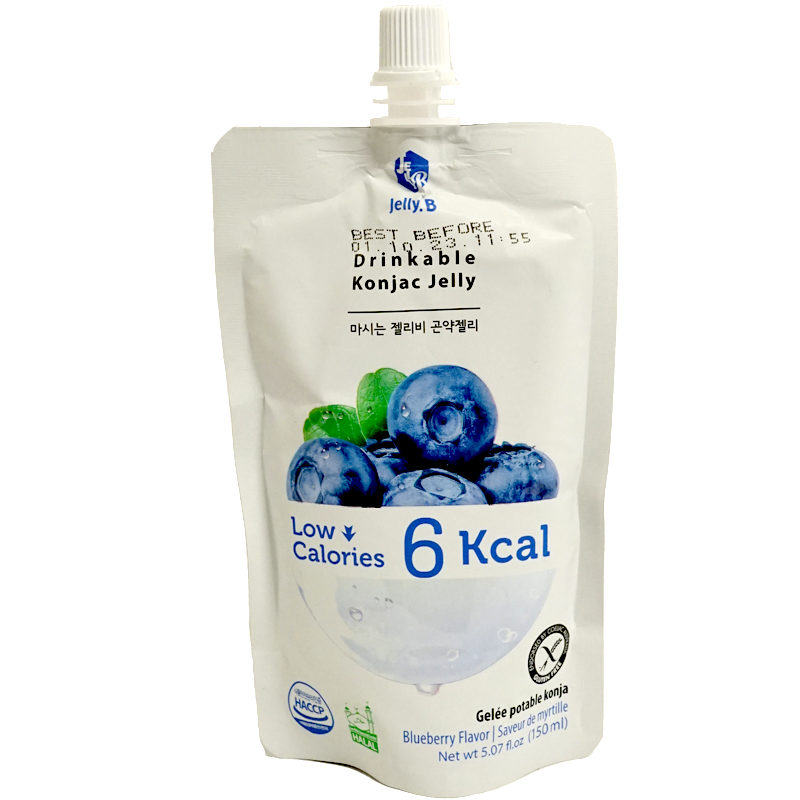 Front view of product. The packaging features a vibrant and appetizing image of juicy blueberries, set against a clean white background that highlights the product’s low-calorie appeal. The easy-to-use spout ensures a mess-free experience, making it perfect for enjoying at any time of the day. The clear labeling and attractive design make this product stand out on the shelf.