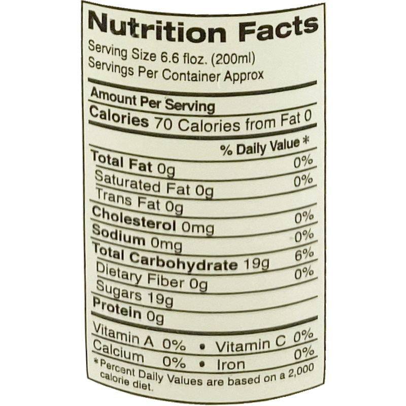 This carbonated soft drink contains 70 calories per 6.6 fl oz (200 ml) serving. It has 0g of total fat, 0mg of cholesterol, 0mg of sodium, 19g of total carbohydrates, 0g of dietary fiber, and 19g of sugars. Additionally, it provides 0g of protein.