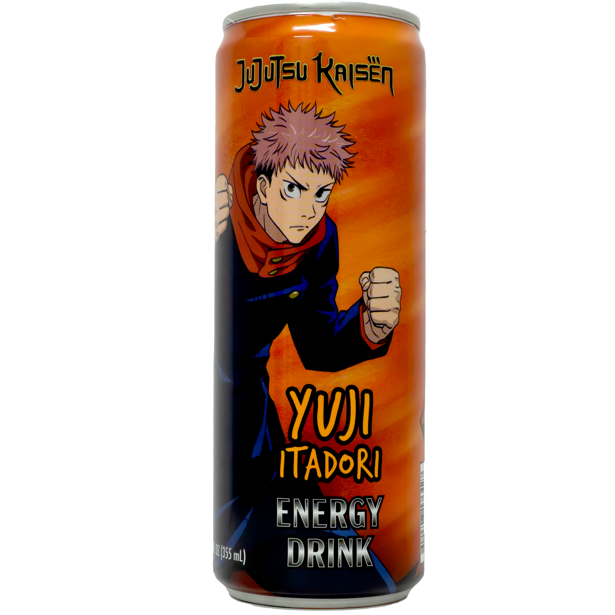 Front view of can. The packaging features a dynamic image of a determined character, poised in a fighting stance against a vibrant orange backdrop. The bold colors and action-packed design make it visually appealing and instantly recognizable.