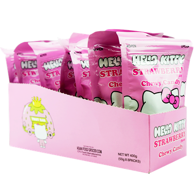 Box containing 7 packages of the hello kitty chewy candy strawberry flavor