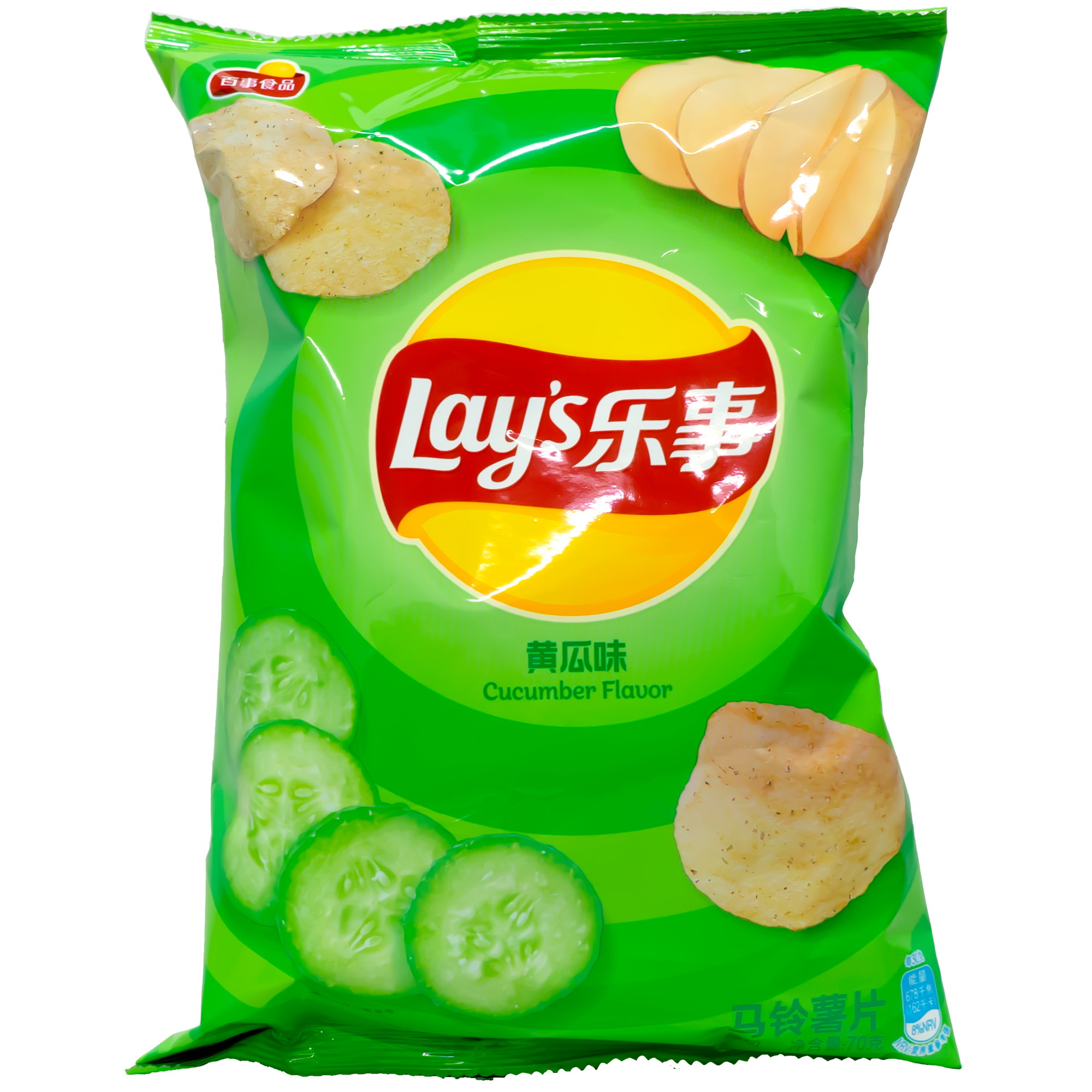 Front view of package. The packaging features a bright green design with images of fresh cucumber slices and crispy chips, emphasizing the refreshing and unique flavor inside. The vibrant colors and appealing imagery make the package stand out, promising a delightful snacking experience.