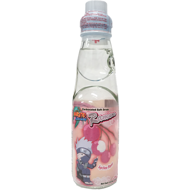 The package features a playful and vibrant design with an illustration of Kakashi from Naruto. The light pink background is adorned with lychee fruits, creating a fun and eye-catching appearance that will attract anime fans and soda enthusiasts alike.