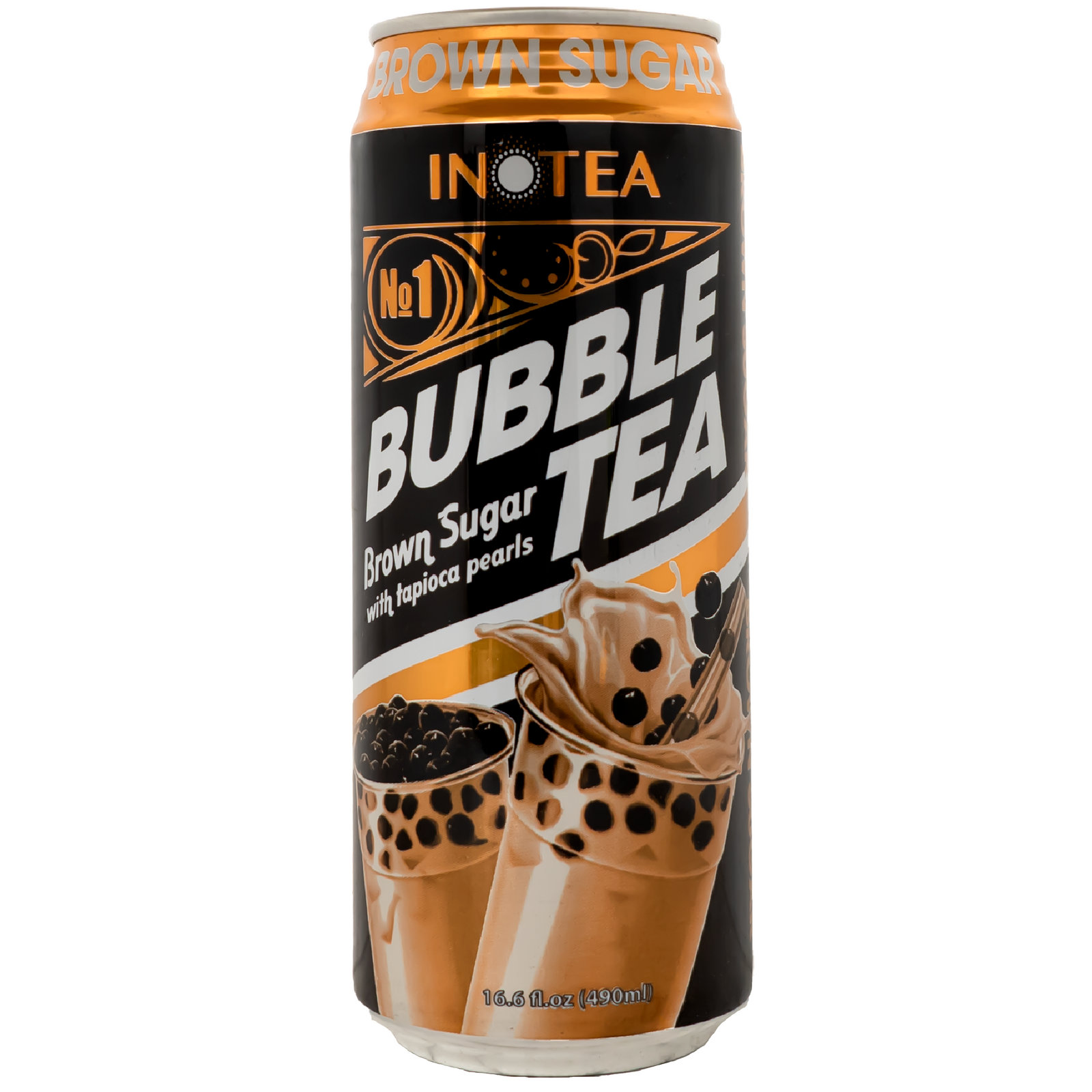 Front view of can. The can's design is a striking combination of black and brown tones, highlighting the luscious brown sugar theme. It features an appetizing image of a glass filled with bubble tea and tapioca pearls, ready to be enjoyed. The bold, white lettering of "Bubble Tea" stands out prominently, making it easily recognizable and enticing.