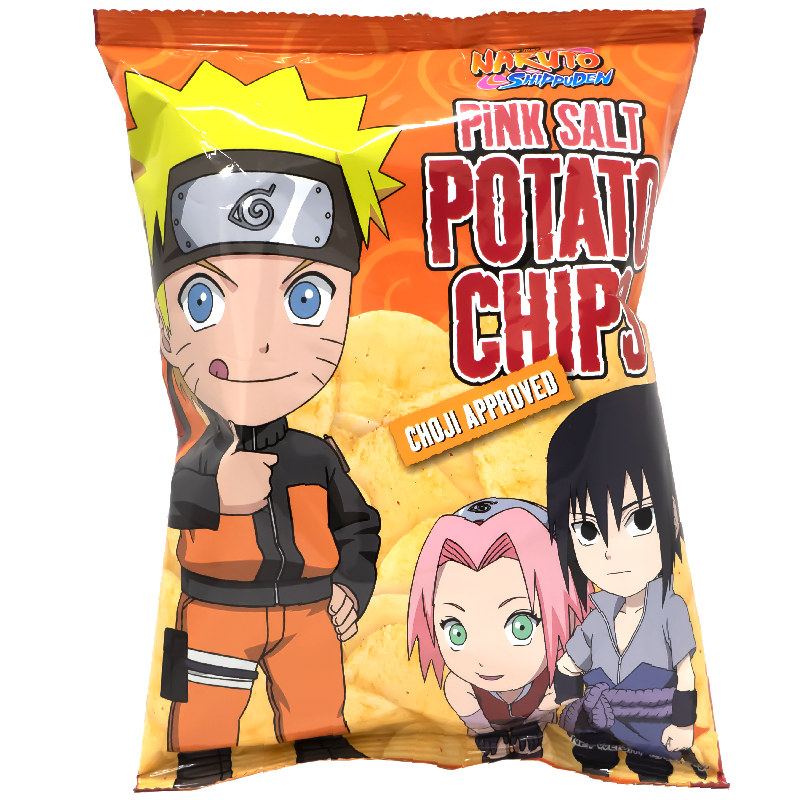 Front of package. The packaging features dynamic and colorful artwork from the popular series, showcasing iconic characters and a vibrant design. The front highlights the crispy chips and the premium pink salt, creating an enticing visual that promises a delicious and exciting snacking experience.