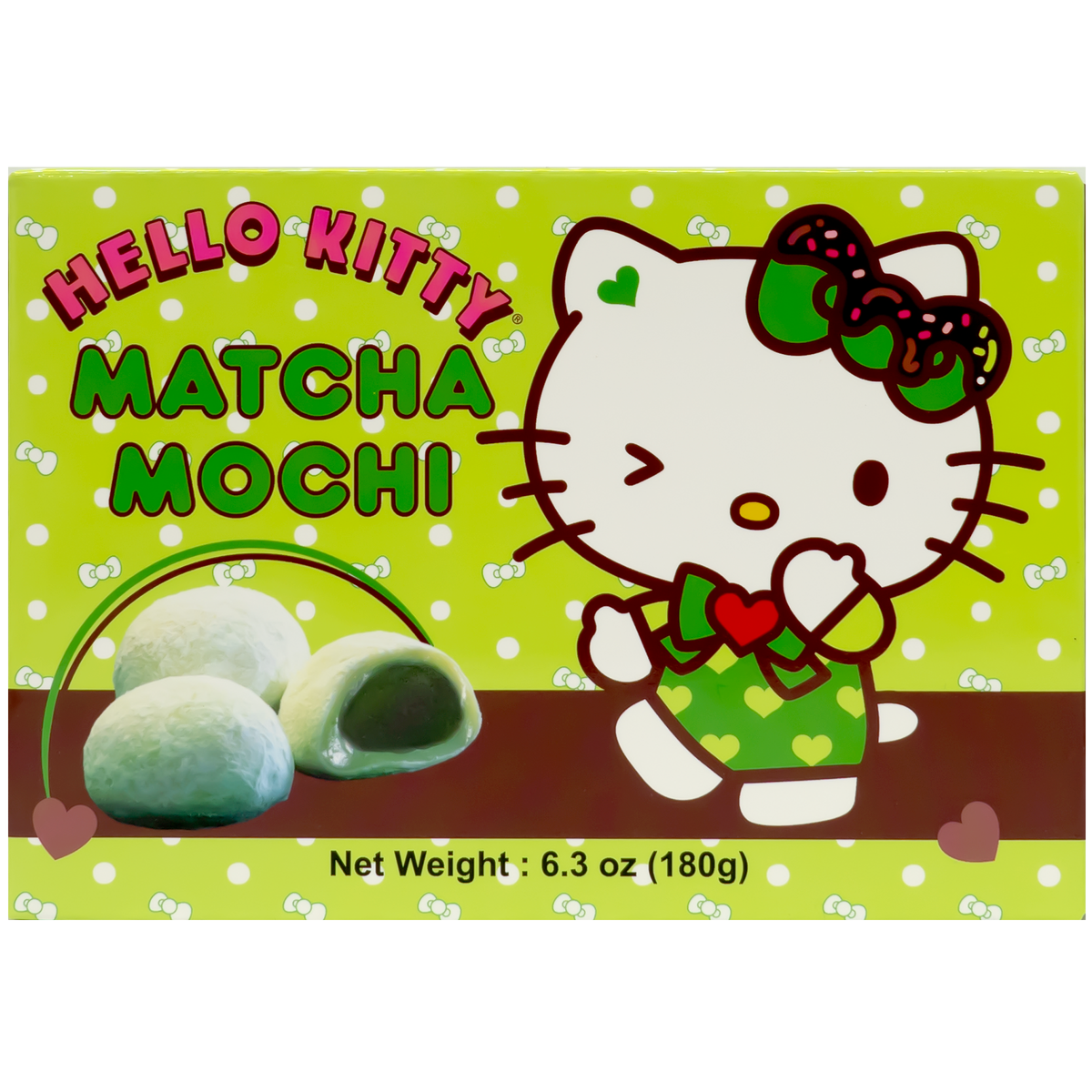 Front of package. The packaging features a charming depiction of a beloved character against a bright green background adorned with polka dots and tiny bows. The front showcases a close-up image of the matcha mochi, revealing its soft, inviting texture, and vibrant green filling, enticing you to dive in and enjoy.