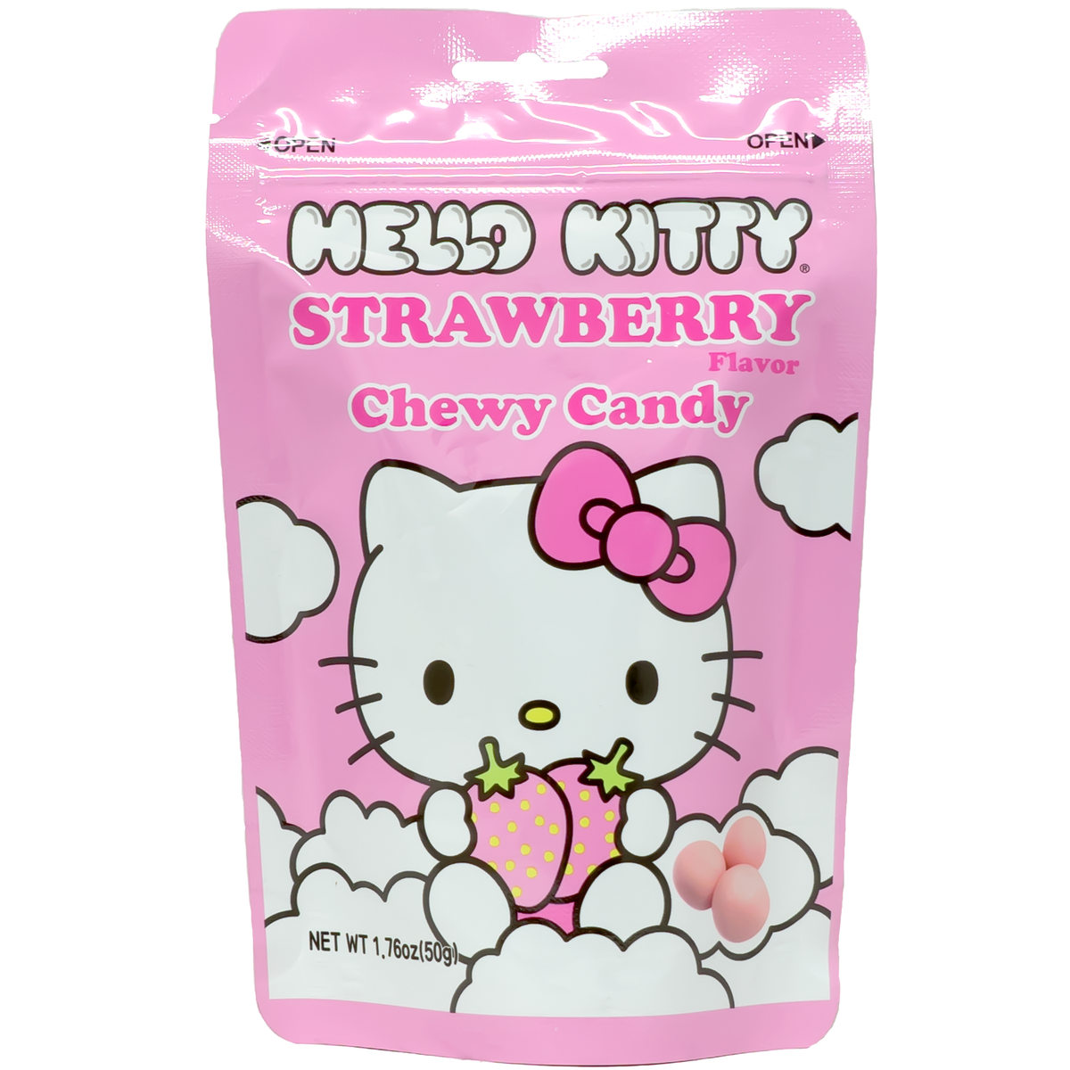 The packaging features the adorable Hello Kitty character, sitting among fluffy white clouds. She is holding two plump, juicy strawberries close to her face, and is adorned with her signature pink bow. The background is a soft pink color, creating a cute and inviting look. On the lower right, there are three round, pink candies, giving a hint of the delicious treat inside. The overall design is playful and sweet, perfectly capturing the essence of the beloved Hello Kitty brand.