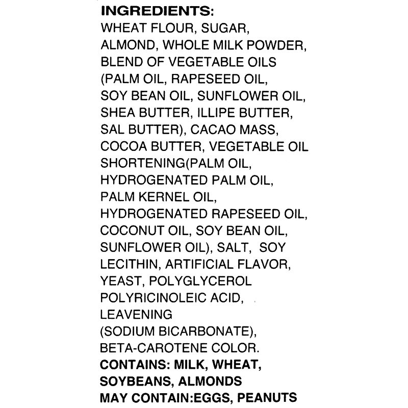 Ingredients contains milk, wheat, soybeans and almonds. May also contain eggs and peanuts