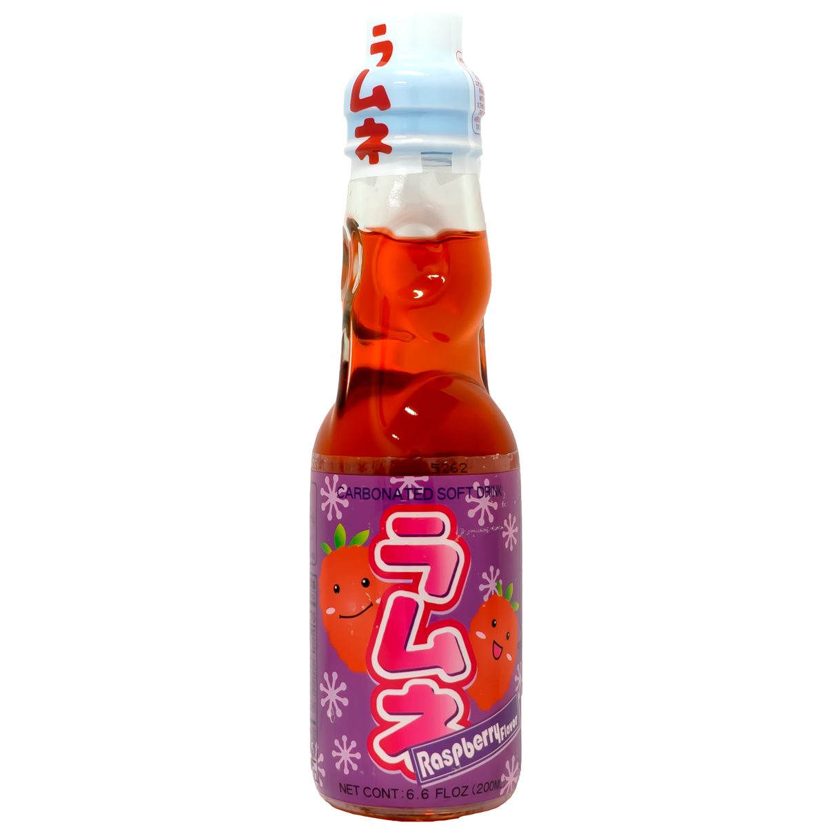 Front view of bottle. The bottle features lively illustrations of juicy raspberries, set against a playful background. The bright red label captures the essence of the raspberry flavor, making the bottle an attractive addition to any beverage selection.