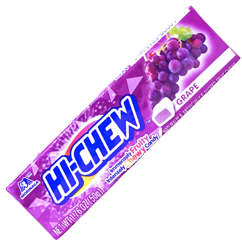 Front of package. The package features a vibrant purple design with images of plump, juicy grapes and a dynamic geometric pattern, making it visually appealing and fun. Perfect for on-the-go snacking or sharing with friends, these candies are a must-try for grape lovers.