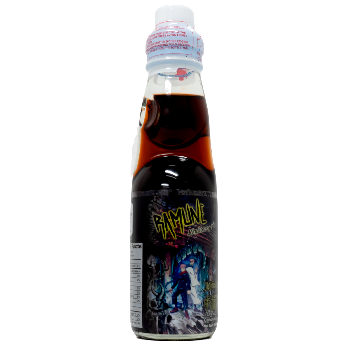 Front view of bottle. The bottle features a dynamic and eye-catching design showcasing characters from the popular anime, JUJUTSU KAISEN. Vibrant colors and striking artwork make it a must-have for collectors and fans, adding a touch of excitement and fandom pride to your drink choice.