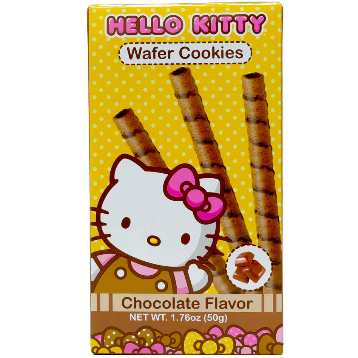 Front view of package. The package features a bright yellow background with playful polka dots, highlighting the beloved character with a pink bow and a cheerful expression. The front showcases appetizing images of the chocolate-filled wafer cookies, giving a tempting preview of the delicious treat inside. This charming and colorful design is sure to catch the eye and add a touch of fun to your snack time.