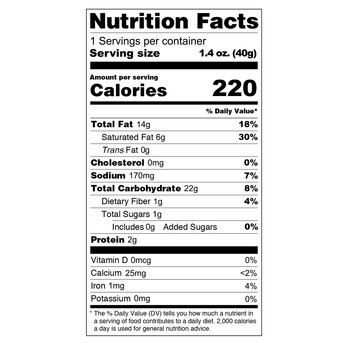 Each serving of these chips, which is 1.4 oz (40g), contains 220 calories. The total fat content is 14g, including 6g of saturated fat. It has 0mg of cholesterol and 170mg of sodium. The total carbohydrate content is 22g, with 1g of dietary fiber and 1g of total sugars, which include 0g of added sugars. Additionally, there are 2g of protein per serving.