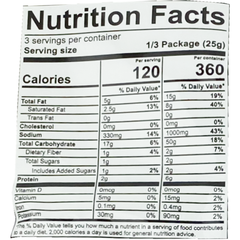 Each serving size of 25g contains 120 calories, 5g total fat, 2.5g saturated fat, 0g trans fat, 0mg cholesterol, 330mg sodium, 17g total carbohydrates, 1g dietary fiber, 1g total sugars including 1g added sugars, and 2g protein. There are 3 servings per container, totaling 360 calories, 15g total fat, 8g saturated fat, 0g trans fat, 0mg cholesterol, 1000mg sodium, 50g total carbohydrates, 2g dietary fiber, 2g total sugars including 2g added sugars, and 6g protein.