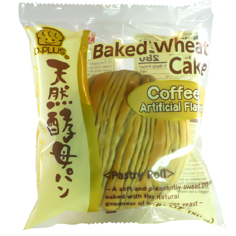 The packaging showcases a mouthwatering image of the coffee-flavored wheat cake, highlighting its soft and fluffy texture. The design includes coffee beans and a steaming cup of coffee, emphasizing the cake&#39;s rich, aromatic coffee flavor. The inviting visuals make it easy to grab this treat off the shelf.