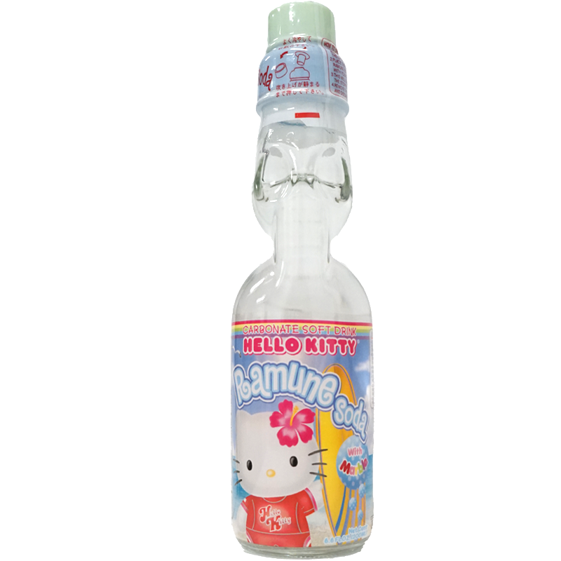 Front view of bottle. The package features a playful design showcasing a beloved character, adding a touch of whimsy to your drink. The clear bottle lets you see the fizzy contents inside, enhancing the excitement of this classic Japanese treat.