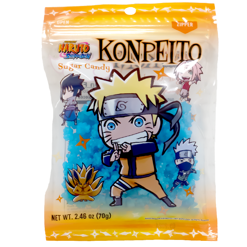 Front view of package. The package features vibrant images of beloved anime characters in playful poses, set against a bright and colorful background. With its resealable zipper, this 2.46 oz (70g) bag ensures your candy stays fresh and ready to enjoy anytime. Perfect for sharing or enjoying on your own, this candy brings a touch of fun to your snacking experience.