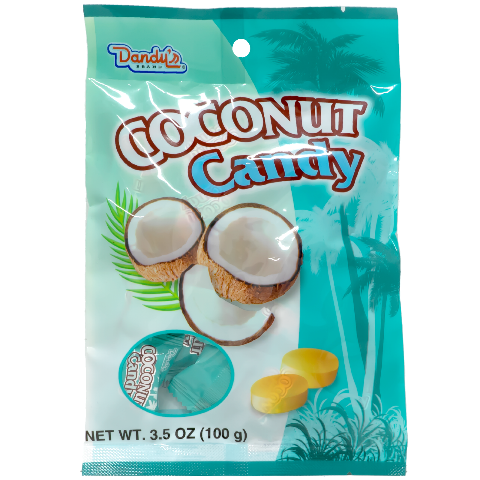 The package features a turquoise background with palm trees, an open coconut showing the white flesh inside, and a few pieces of yellow coconut candy. The brand name "Dandy's" is at the top, and the words "Coconut Candy" are prominently displayed in the center.