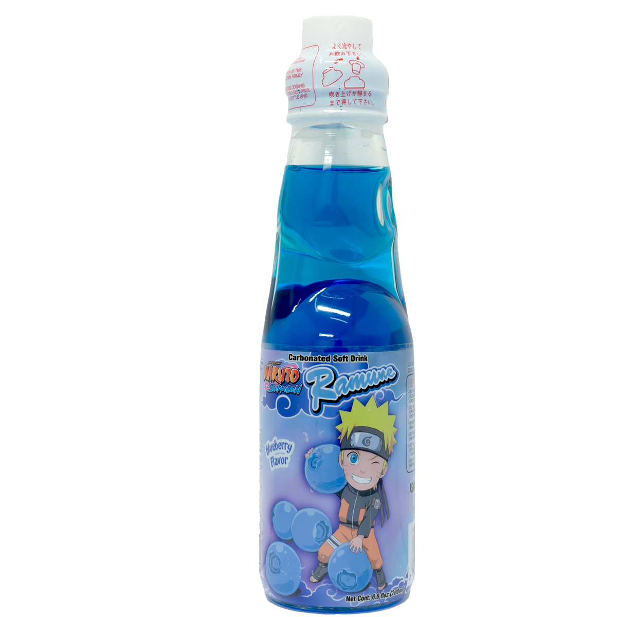 The package features a vibrant blue hue, reflecting the blueberry flavor of the drink. It showcases a lively image of Naruto, adding a fun and energetic vibe to the bottle. The playful design with a cartoon character holding blueberries makes it appealing to both young and old fans alike.