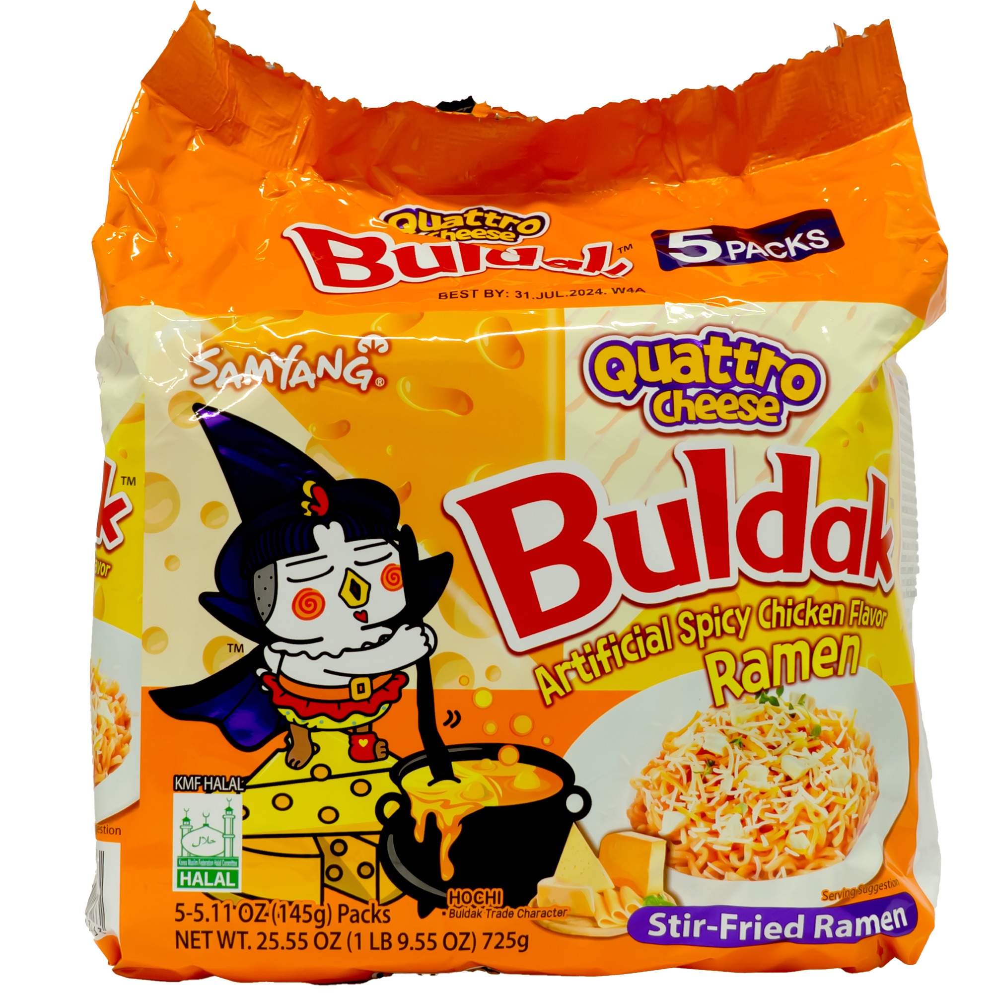 Front view of package. The packaging features a vibrant orange and white design with a whimsical character stirring a pot of cheesy ramen, evoking a sense of fun and excitement. The front displays an enticing image of the stir-fried ramen, topped with cheese and colorful vegetables, highlighting the deliciousness inside. With clear labels indicating the product's flavor and halal certification, this package is as eye-catching as it is informative.