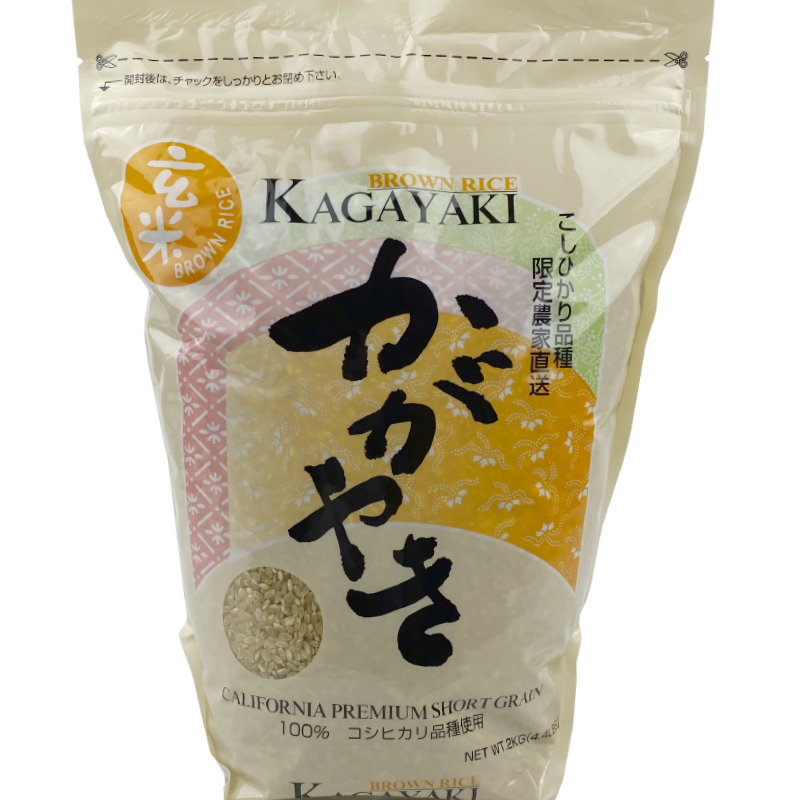 The packaging features a natural, earthy color scheme with traditional Japanese calligraphy prominently displayed, evoking a sense of authenticity and quality. The front shows a vibrant image of the rice grains, highlighting their premium quality, while the back includes cooking instructions and nutritional information, all printed in an elegant, easy-to-read font.