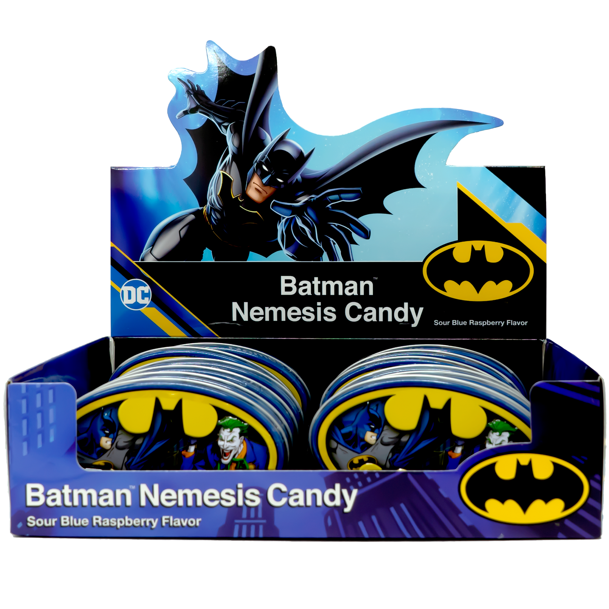 Image of a box of batman containing multiple small oval-shaped batman themed packaging