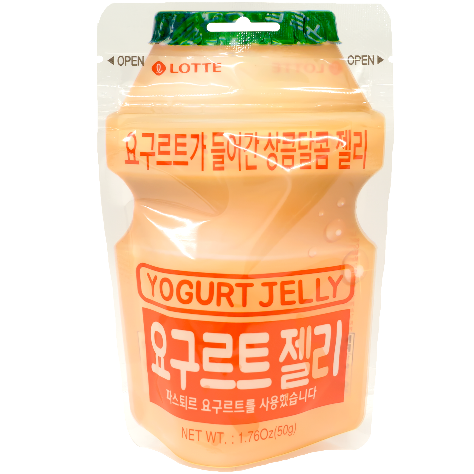 Front view of product. The package is designed to resemble a classic yogurt bottle, with a soft peachy-pink color scheme that highlights the yogurt theme. The packaging is sleek and easy to open, ensuring freshness and convenience. Bright, bold lettering emphasizes the yogurt jelly content, making it instantly recognizable.