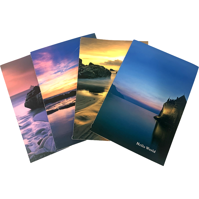 The cover features stunning photographic prints of serene landscapes and breathtaking sunsets, adding a touch of elegance and tranquility to your everyday writing. The phrase "Hello World" subtly enhances the inviting aesthetic, making it a beautiful and functional addition to your stationery collection.