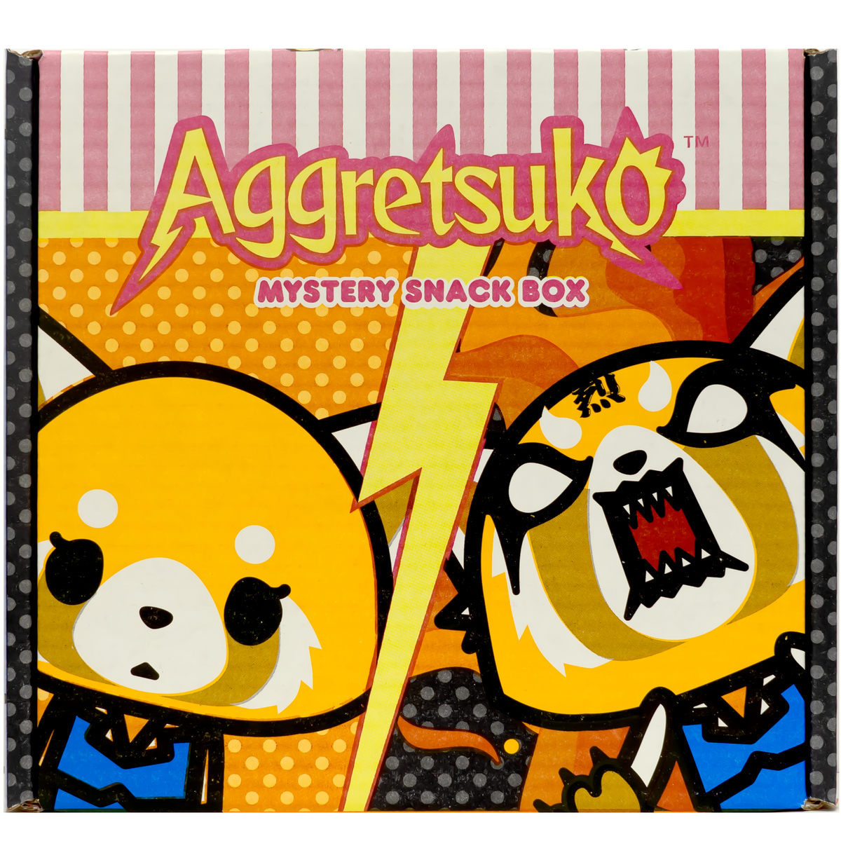 Front of package. The package features bold, energetic designs with beloved AGGRETSUKO characters in playful poses. Vibrant red, black, and white colors dominate, accented by fun snack illustrations that hint at the tasty treats inside.