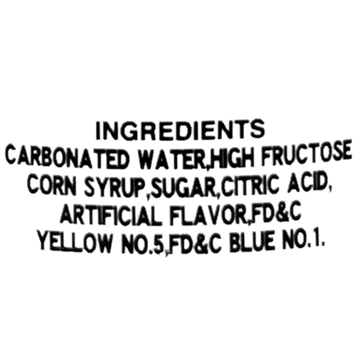 This drink is made from carbonated water, high fructose corn syrup, sugar, citric acid, artificial flavor, and colorings including FD&amp;C Yellow No. 5 and FD&amp;C Blue No. 1.