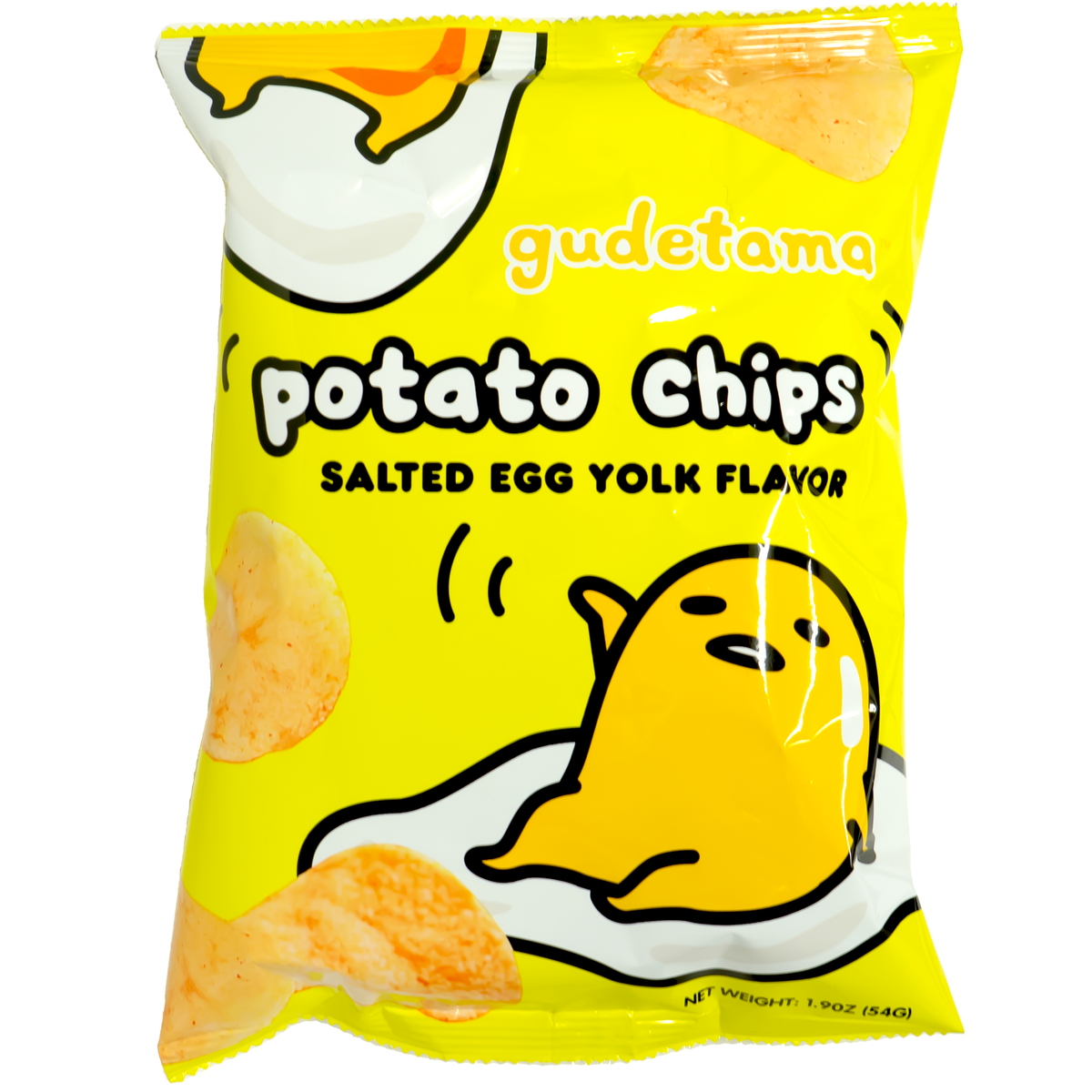 Front view of package. The packaging features a playful and appealing design, showcasing the golden hue of the salted egg yolk chips. The background enhances the product&#39;s appeal with a modern and eye-catching aesthetic, making it a standout choice for potato chip lovers seeking something new and flavorful.