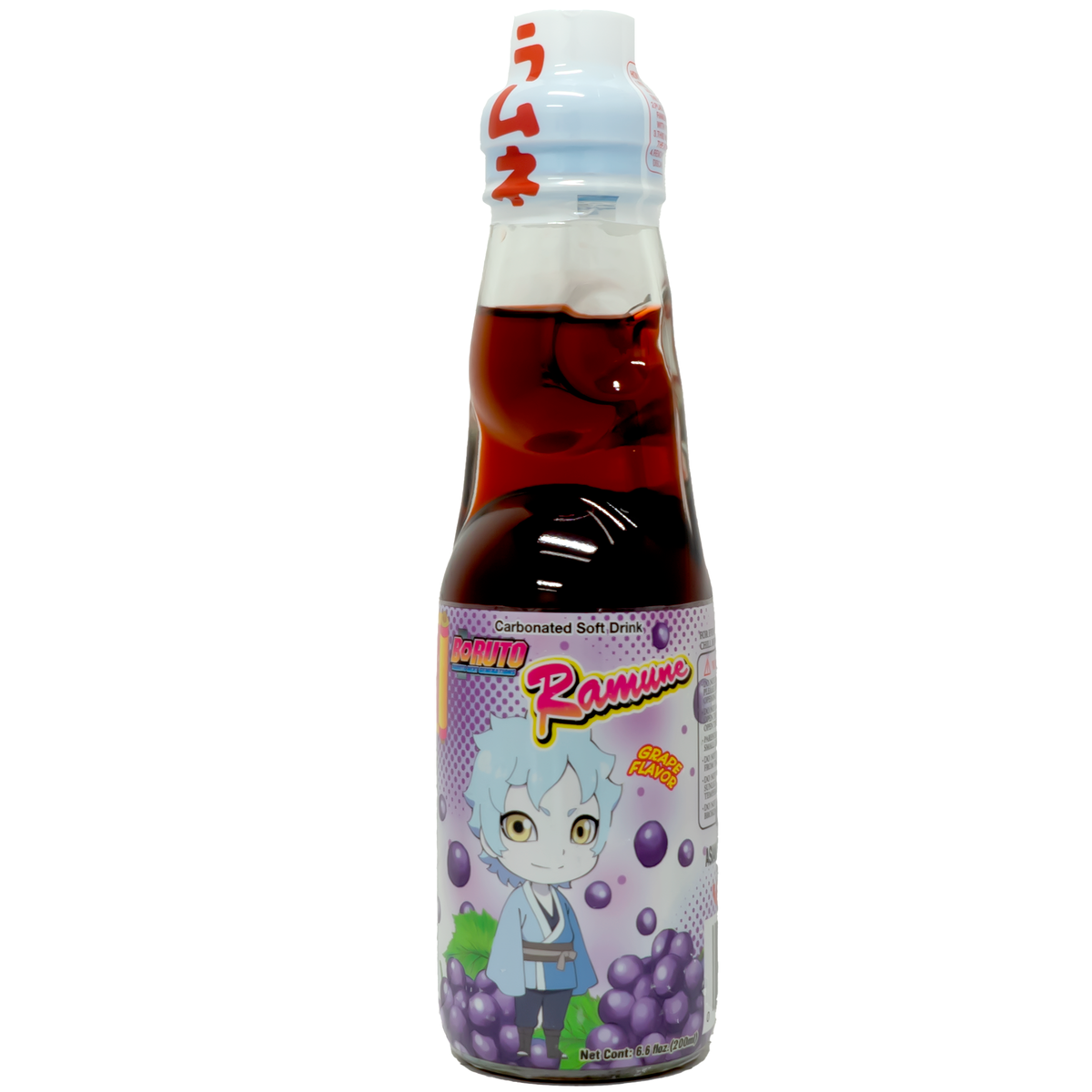 Front view of bottle. The bottle features a captivating design with vibrant purple accents and an adorable character illustration, adding a fun and playful touch. The clear bottle allows you to see the rich, dark grape-colored liquid inside, making it as visually appealing as it is tasty.